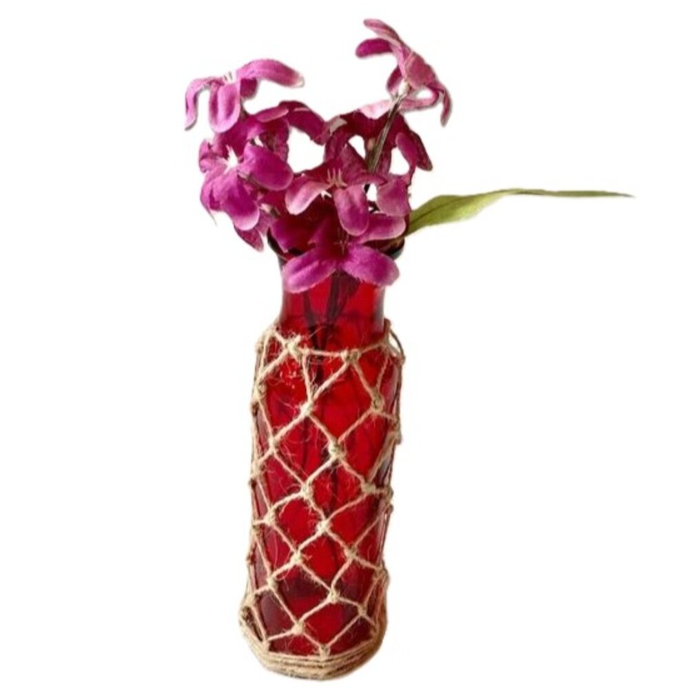 BOHEMIAN Boho Bud Glass Translucent Vase Bottle Twine Knotted Red 7.75 x 1.75 in